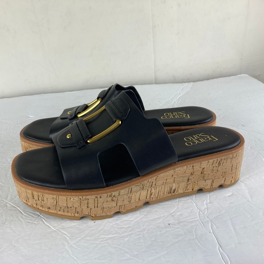 Franco Sarto Hesta Platform Sandals Womens 9.5M Black Cork Wedge Slide - Picture 2 of 8